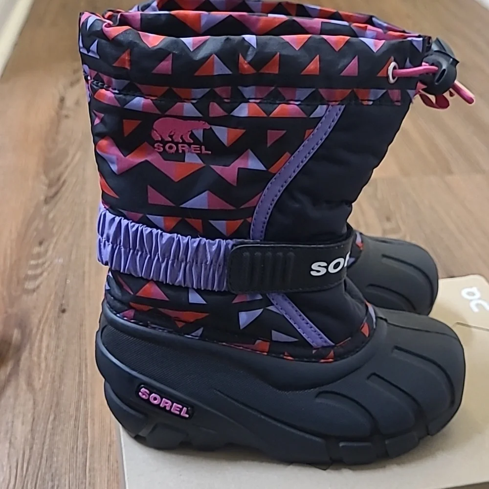 Sorel‎ Black Kids' Snow Boots with Pink & Purple Triangle Print